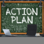 Action Plan - Hand Drawn on Green Chalkboard in Modern Office Workplace. Illustration with Doodle Design Elements. 3D.